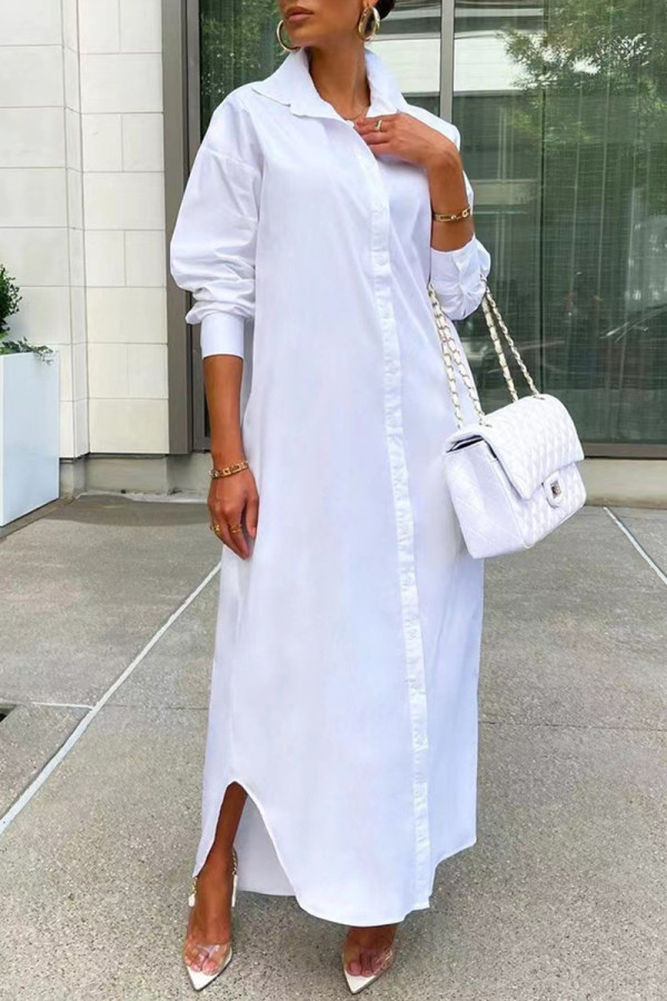 White Fashion Casual Solid Basic Turndown Collar Long Sleeve Shirt Dress