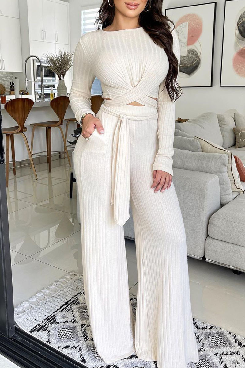 

Apricot Casual Solid Bandage Patchwork O Neck Long Sleeve Two Pieces