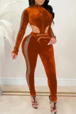 Red Fashion Sexy Patchwork Solid Hollowed Out Turtleneck Skinny Jumpsuits