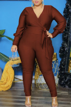 Coffee Casual Solid Bandage Split Joint Fold V Neck Plus Size Jumpsuits