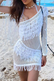 White Sexy Solid Tassel See-through One Shoulder Pencil Skirt Dresses