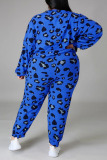 Yellow Casual Print Leopard Patchwork O Neck Plus Size Two Pieces