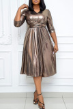 Brown Elegant Solid Patchwork V Neck A Line Dresses