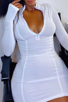 White Sexy Solid Split Joint Zipper Collar Pencil Skirt Dresses