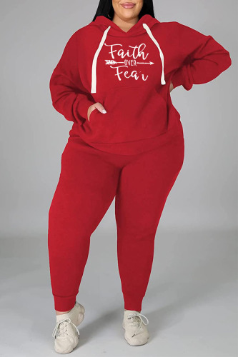 Red Casual Print Patchwork Hooded Collar Plus Size Two Pieces