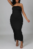 Black Fashion Sexy Solid Tassel Patchwork Backless Strapless Long Dress