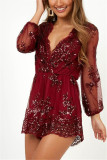 Apricot Fashion Sexy Sequins Deep V Long Sleeve Rompers