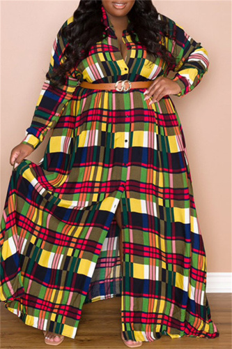 Multicolor Fashion Casual Plaid Print Basic Turndown Collar Long Sleeve Plus Size Dresses (Without Belt)