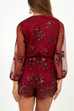 Wine Red Fashion Sexy Sequins Deep V Long Sleeve Rompers