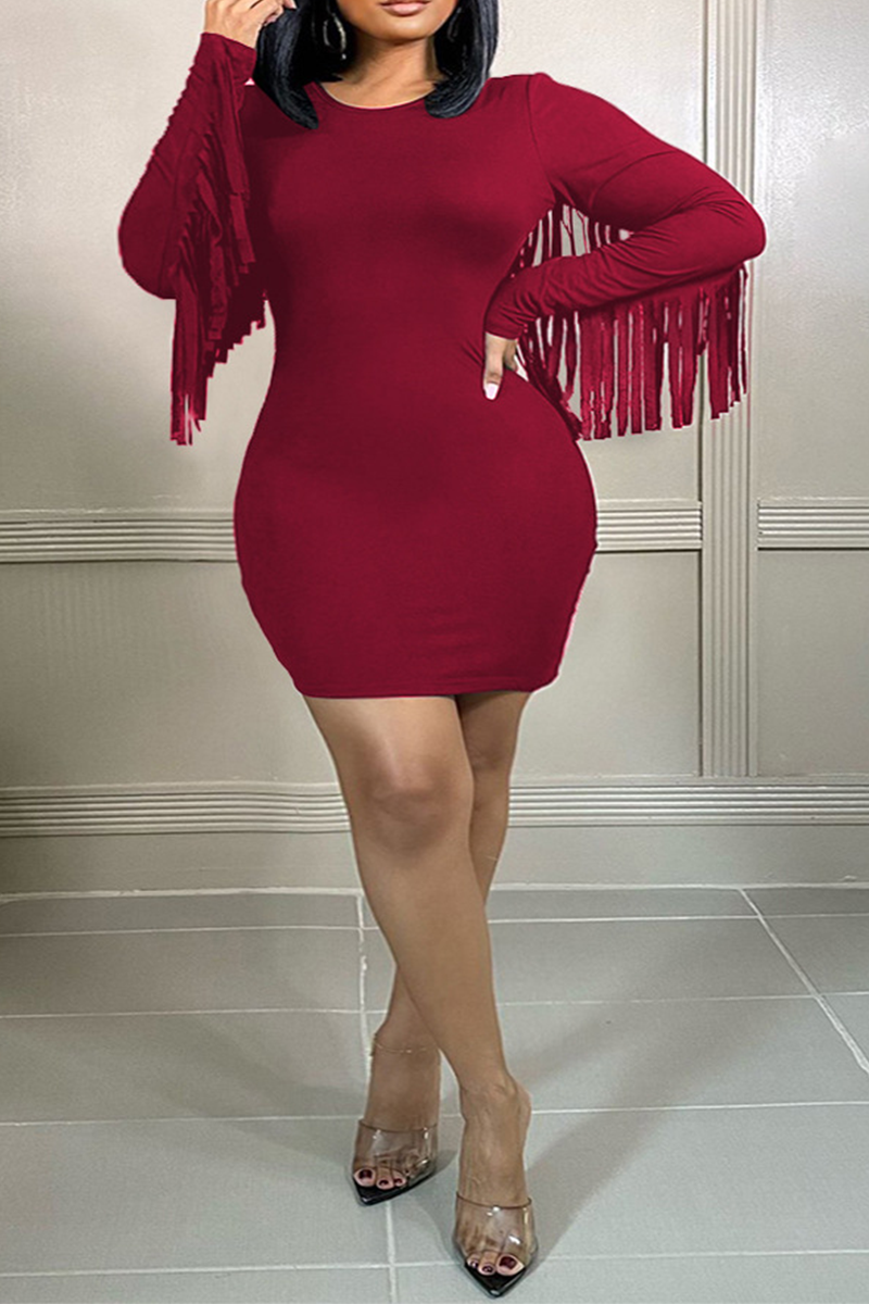 

Burgundy Sexy Solid Tassel O Neck Pencil Skirt Plus Size Dresses