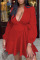 Red Casual Sweet Solid Bandage Patchwork Flounce V Neck A Line Dresses