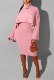 Pink Fashion Casual Turtleneck Sweater Two-Piece
