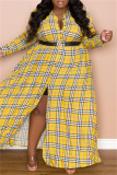 Multicolor Fashion Casual Plaid Print Basic Turndown Collar Long Sleeve Plus Size Dresses (Without Belt)