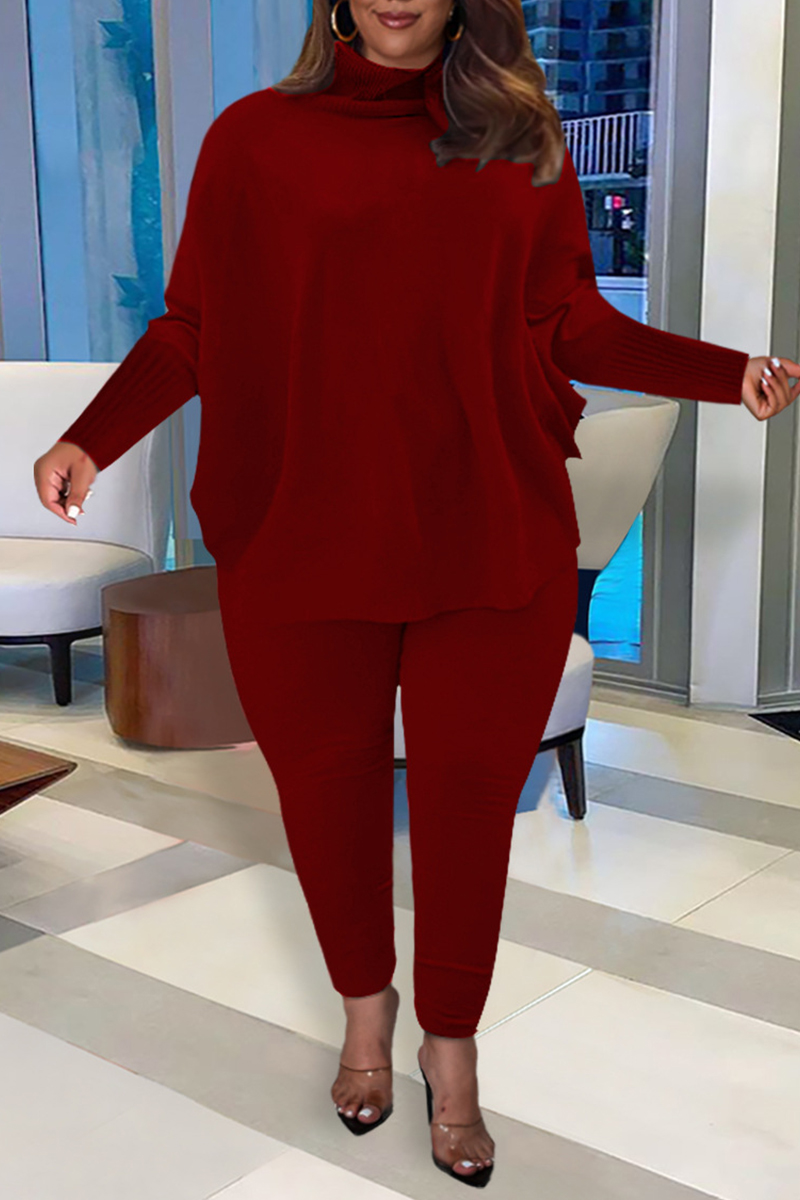 

Red Fashion Casual Solid Basic Turtleneck Long Sleeve Two Pieces