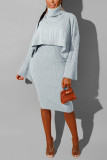 Blue Fashion Casual Turtleneck Sweater Two-Piece