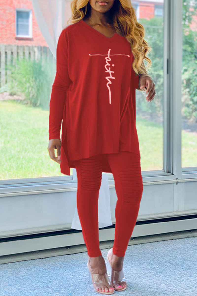 

Red Casual Print Patchwork Asymmetrical V Neck Long Sleeve Two Pieces