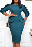 Green Fashion Casual Solid Patchwork With Belt O Neck Dresses