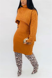 Orange Fashion Casual Turtleneck Sweater Two-Piece