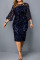 Navy Blue Vintage Print Hollowed Out Patchwork See-through O Neck Straight Dresses