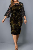 Black Vintage Print Hollowed Out Patchwork See-through O Neck Straight Dresses
