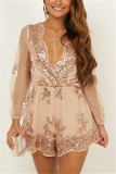 Apricot Fashion Sexy Sequins Deep V Long Sleeve Rompers