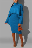 Blue Fashion Casual Turtleneck Sweater Two-Piece