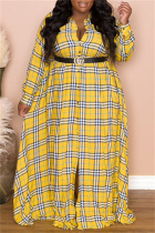 Yellow Fashion Casual Plaid Print Basic Turndown Collar Long Sleeve Plus Size Dresses (Without Belt)