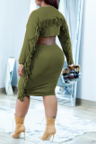 Army Green Casual Solid Tassel O Neck Plus Size Two Pieces