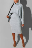 Grey Fashion Casual Turtleneck Sweater Two-Piece