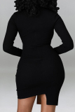 Blue Fashion Sexy Patchwork Hollowed Out Asymmetrical O Neck Long Sleeve Dresses
