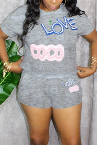 Light Gray Fashion Casual Printed Short Sleeve Shorts Set