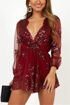 Wine Red Fashion Sexy Sequins Deep V Long Sleeve Rompers