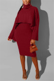 Red Fashion Casual Turtleneck Sweater Two-Piece