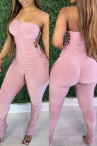 Pink Sexy Casual Solid Bandage Backless Fold Strapless Skinny Jumpsuits