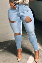 Light Blue Fashion Casual Solid Ripped Mid Waist Regular Denim Jeans