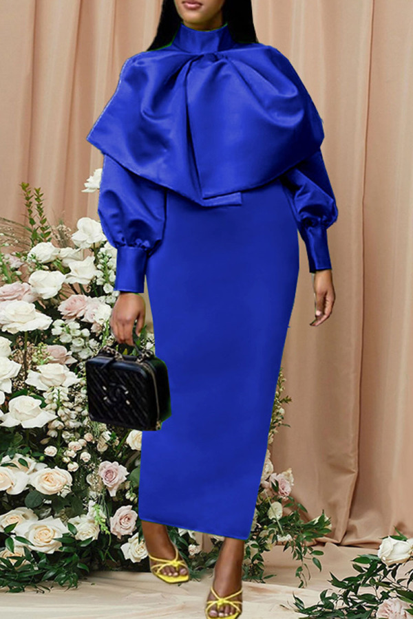 Blue Elegant Solid Patchwork Fold With Bow Zipper Turtleneck Evening Dress Dresses