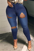 Deep Blue Fashion Casual Solid Ripped Mid Waist Regular Denim Jeans