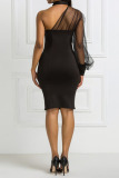 Black Sexy Solid Patchwork See-through Backless Halter One Step Skirt Dresses