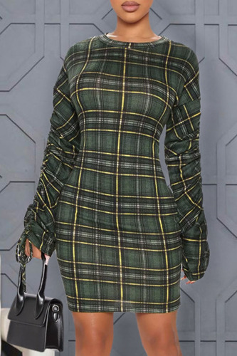 Olive Green Sexy Plaid Print Patchwork Frenulum Fold O Neck One Step Skirt Dresses