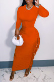 Tangerine Casual Solid Tassel Patchwork O Neck One Step Skirt Dresses