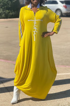 Yellow Casual British Style Print Patchwork Zipper Collar Straight Plus Size Dresses
