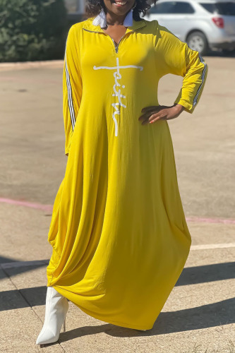 Yellow Casual British Style Print Patchwork Zipper Collar Straight Plus Size Dresses