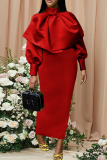 Red Elegant Solid Patchwork Fold With Bow Zipper Turtleneck Evening Dress Dresses