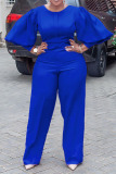 Blue Casual Solid Patchwork O Neck Straight Jumpsuits