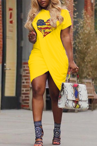 Yellow Casual Print Patchwork O Neck Irregular Dress Dresses