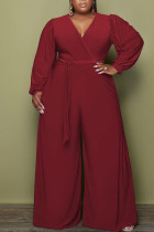 Red Casual Solid Bandage Split Joint V Neck Plus Size Jumpsuits