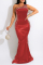 Red Sexy Patchwork Hot Drilling See-through Backless One Shoulder Evening Dress