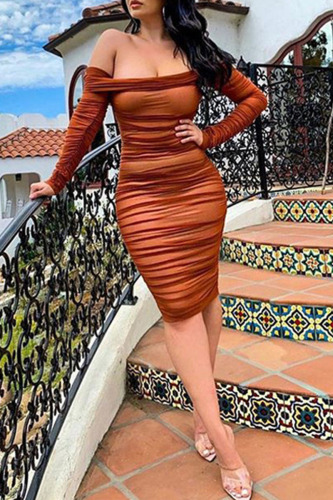 Tangerine Red Sexy Solid Patchwork Fold Off the Shoulder One Step Skirt Dresses
