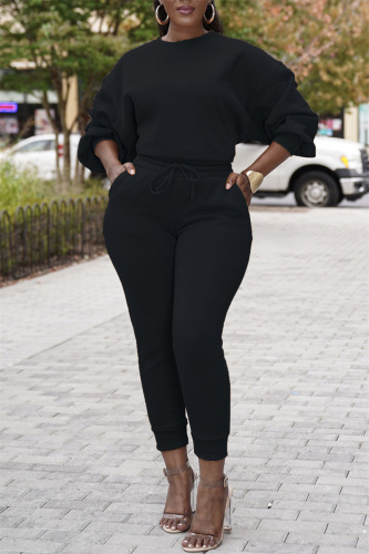 Black Fashion Casual Solid Basic O Neck Long Sleeve Two Pieces