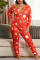 Pale Red Fashion Casual Print Basic V Neck Plus Size Jumpsuits